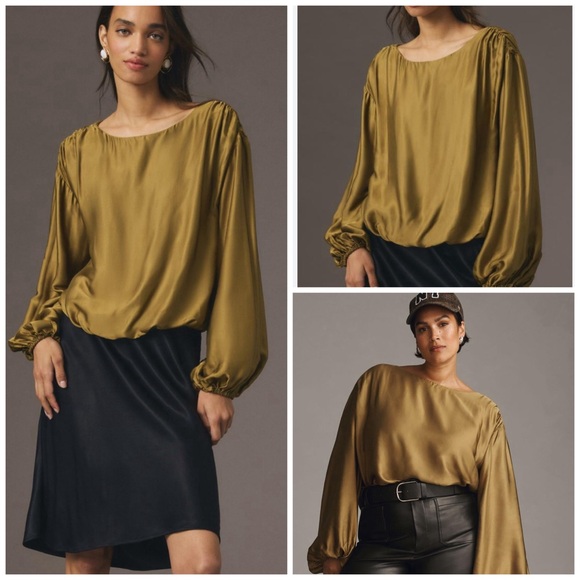 NWOT Anthropologie Balloon Sleeve Silky Blouse Olive Green Keyhole Back XL - Picture 2 of 12